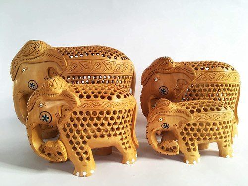 Handmade Wooden Netted Elephant (Set Of 4) For Home Decor With Brown Finish