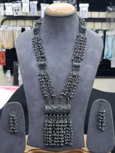 Silver Coated Antique Hard Oxidised Necklace Set For Ladies