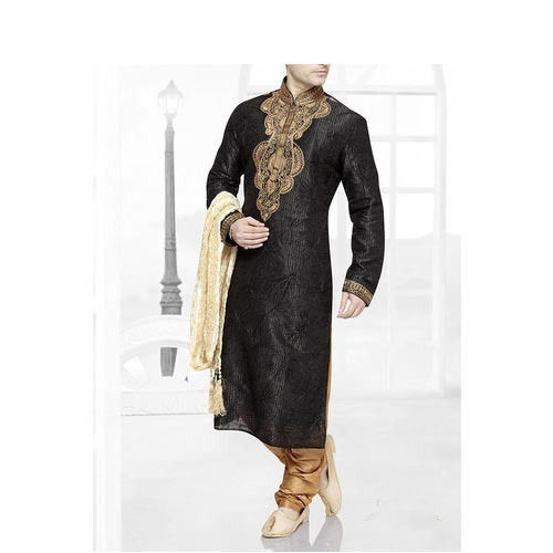 Washable Black Mandarin Neck Full Sleeves Regular Fit Wedding Wear Mens Plain Long Sherwani 