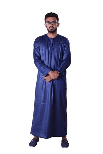 Blue Mens Plain Cotton Full Sleeves And Full Length Arabic Jubba Gown