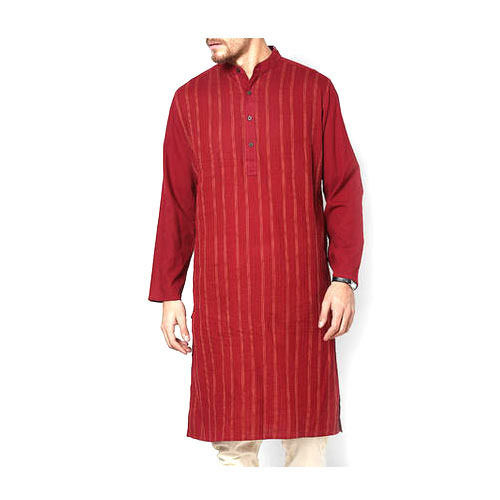 Washable Red Full Sleeves Mandarin Neck Traditional Indian Mens Casual Striped Long Kurta