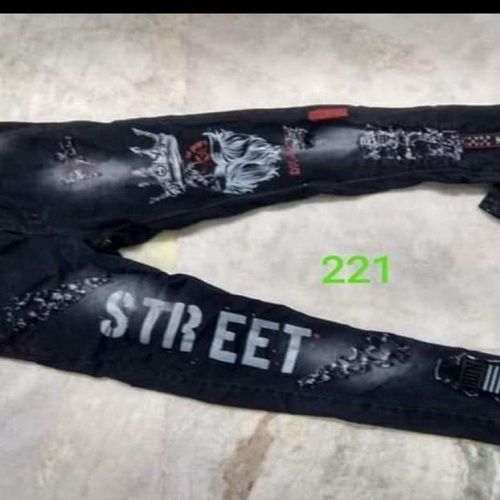 Black Color Printed And Shredded Denim Boys Jeans For Party Wear