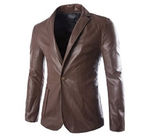 Blazer Brown Full Sleeves Slim Fit Casual Wear Mens Notched Lapel Plain Leather Jacket With Button Closure 