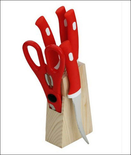 Stainless Steel Ce-137 Red Knife Set With Wooden Stand For Kitchen Use