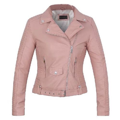 Winter Pink Full Sleeves Collared-Neck Regular Fit Casual Wear Ladies Plain Leather Jacket With Zipper Closure 