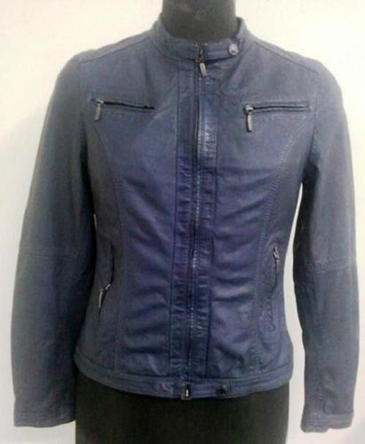 Plain Design And Blue, Full Sleeve Ladies Zipper Closure Type Leather Jacket For Party Wear