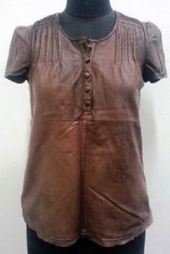 Winter Brown Color, Plain Design And Round Shape Neck Ladies Short Sleeve Leather Tops For Casual Wear