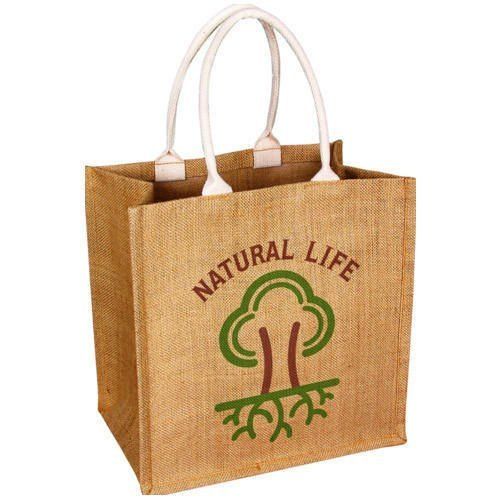 Eco-Friendly Printed Reusable Rope Handled Brown Jute Lunch Bag With Single Compartment Size: Customized