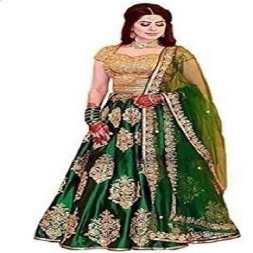 Indian Modern Style Pure Silk Fabric Green Color Fancy Ladies Lehenga