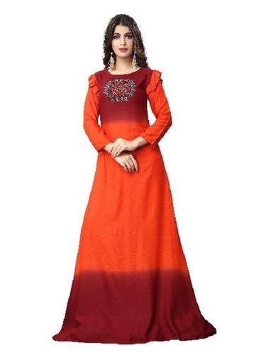 Indian Orange And Red Wedding Wear Ladies Round-Neck 3/4Th Sleeves Plain Rayon Anarkali Long Gown