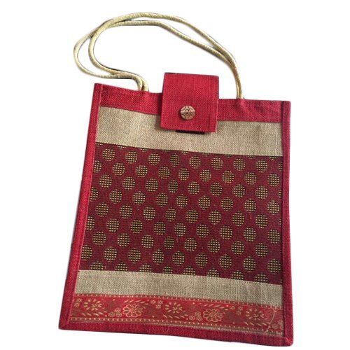 Red And Beige Eco-friendly Printed Reusable Rope Handled Jute Lunch Bag With Single Compartment