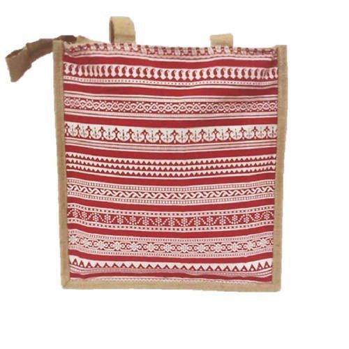 Red And White Eco-Friendly Loop Handled Printed Reusable Jute Office Lunch Bag With Zipper Closure  Size: 14 Inch (H) X 6 Inch (W)