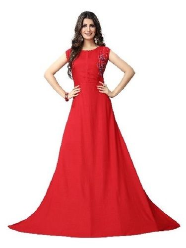 Indian Red Wedding Wear Ladies Round-Neck Sleeveless Plain Rayon Anarkali Long Gown