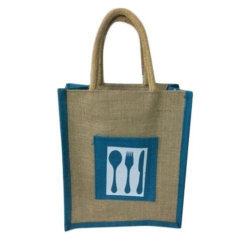 Sky Blue And Beige Eco-friendly Printed Reusable Zipper Rope Handled Jute Lunch Bag With Single Compartment