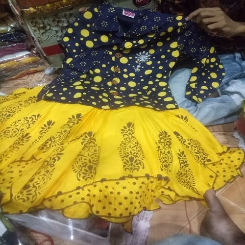 Yellow And Blue Color Printed Pattern Children Frocks For Party Wear Decoration Material: Cloths