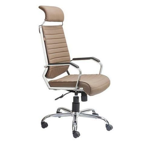 Brown Steel Base High Back Revolving Office Boss Leather Chair With Fixed Armrest