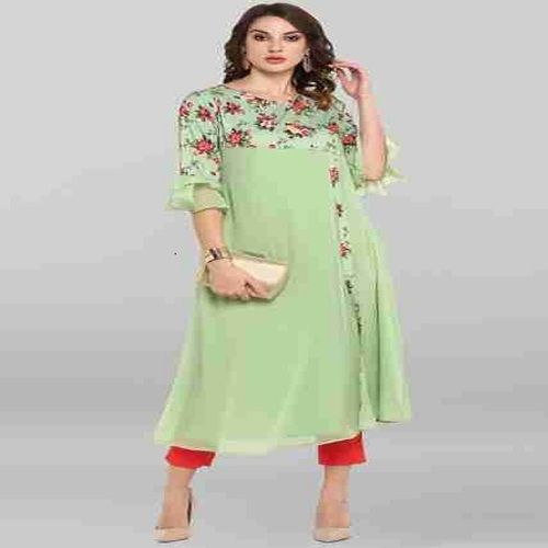 Indian Light Green Color Fancy Plain Pattern Round Neck Kurta For Women