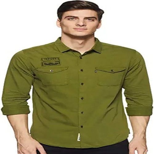 Quick Dry Plain Pattern Pure Cotton Green Color Full Sleeves Mens Shirts