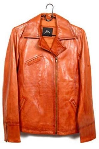 Tan Color And Plain Design Female Leather Jacket For Party Wear With Zipper Style Closure