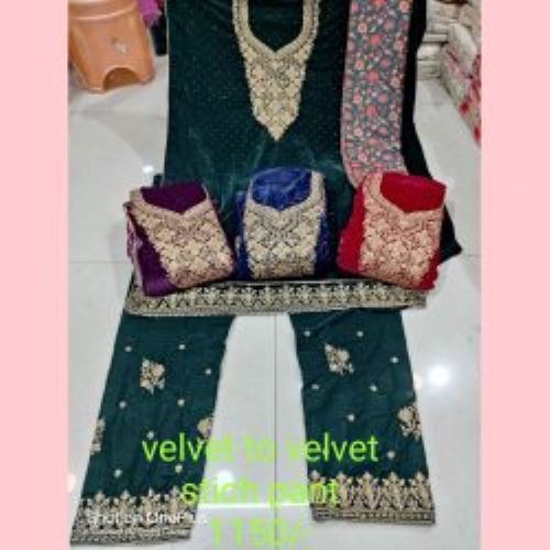 Dark Green Lightweight And Breathable Heavy Velvet Ladies Suit With Designer Bottom (4Pcs Set)