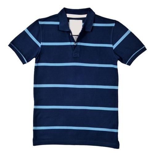 Navy Blue Regular Fit Casual Wear Mens Polo-Neck Half Sleeves Striped Cotton T-Shirts Age Group: Adults