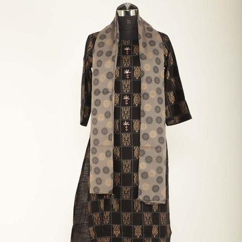 Black Neckline Embroidery Hand Block Print Muslin Kurti With Pure Muslin Dupatta 