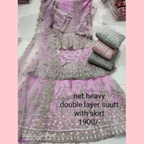 Indian Net Heavy Double Purple Layer Suit With Skirt And Fancy Dupatta (4 Pcs Set)