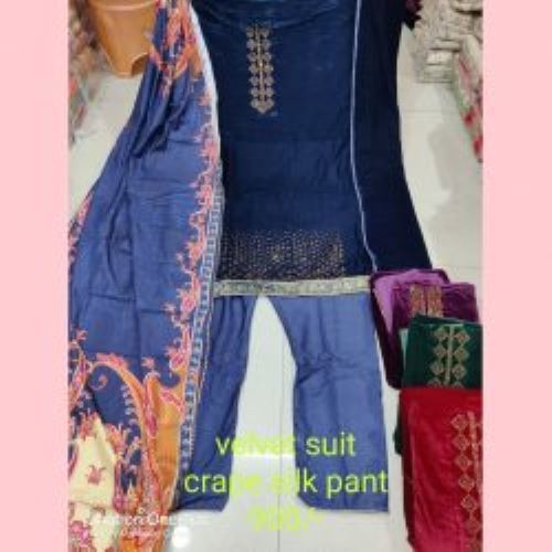 Dark Blue Precise Design Velvet Suit Crape Ladies Silk Kurta Pant With Matching Dupatta (4 Pcs Set)