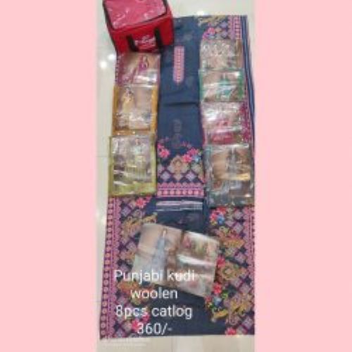 Skin Friendly Punjabi Kudi Dark Blue Woolen Ladies Kurta And Matching Dupatta (8 Pcs Set)