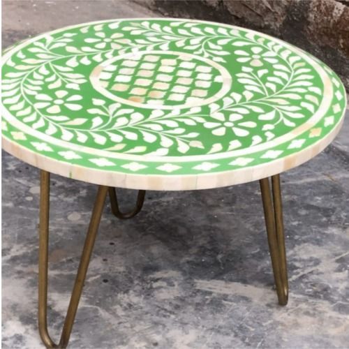 10 To 12 Mm Thick Round Shape Floral Pattern Wood Made Green Bone Inlay Stool Indoor Furniture