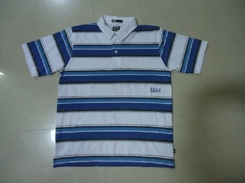 Blue And White Regular Fit Mens Polo-neck Half Sleeves Striped Casual T-shirts