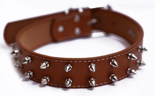 5 To 10 Inch Length Leather Brown Spiked Dog Collar With Silver Color Stainless Steel Metal Buckles