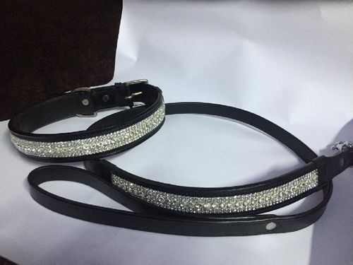 Black 5 To 10 Inch Length Leather Crystal Dog Collar With Stainless Steel Buckle