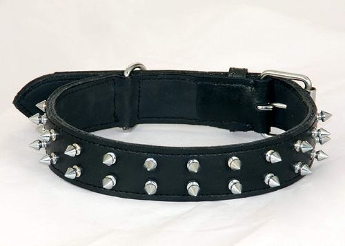Black 5 To 10 Inch Thickness Leather Spiked Dog Collar With Silver Color Stainless Steel Metal Buckles
