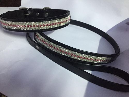 Black Color 5 To 10 Inch Length Leather Crystal Dog Collar With Stainless Steel Buckle