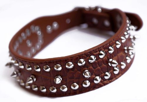 Brown Color 5 To 10 Inch Length Leather Spiked Dog Collar With Silver Color Stainless Steel Metal Buckles