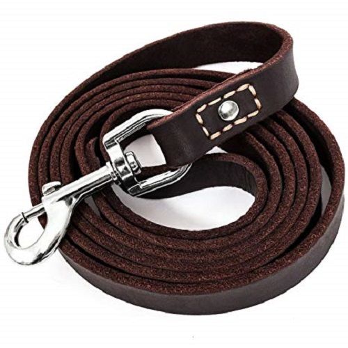 Plain Design And Brown Anti Wrinkle Leather Dog Leash With Silver Color Metal Buckle