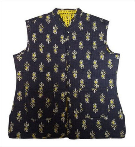 Quick Dry Black Cotton Printed Sleeveless Quilted Jacket For Ladies