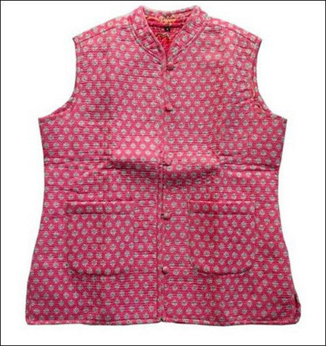 Casual Wear Pink Cotton Printed Sleeveless Quilted Jacket For Ladies