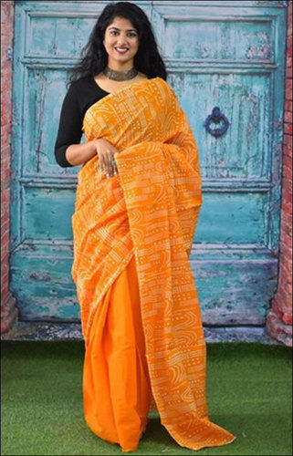 Ladies Yellow Designer Printed Party Wear Mulmul Cotton Sarees, 6.3m With Blouse Piece