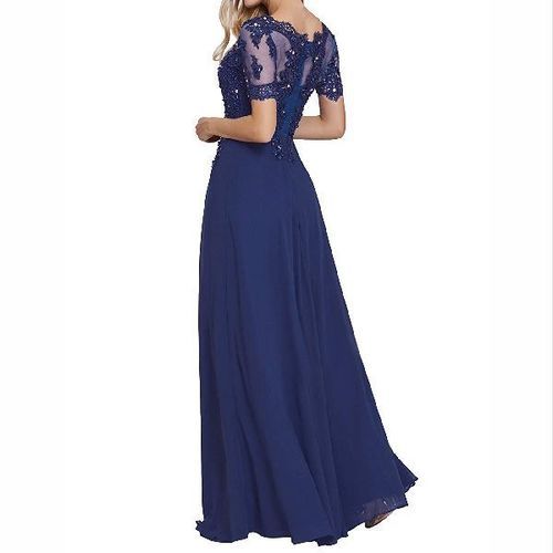 Naby Blue Ladies Bateau-Neck Half Sleeves Lace Applique Beaded Long Evening Gown Age Group: Adults