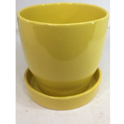 Ceramic Round Shape Yellow Plain Pattern Indoor Decoration Use 4.5 Inch Curvy Bottom Planter 