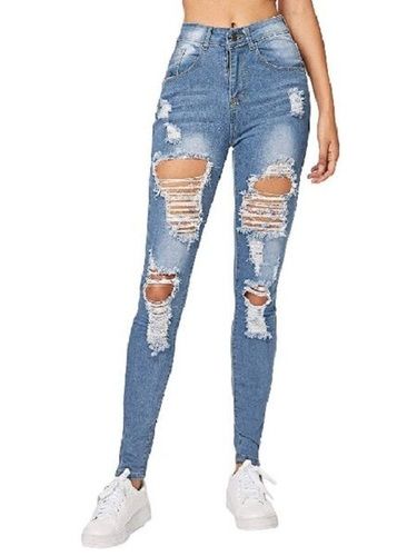 Sky Blue Skin Friendly Ladies Mid Waist Skinny Ripped Casual Denim Jeans