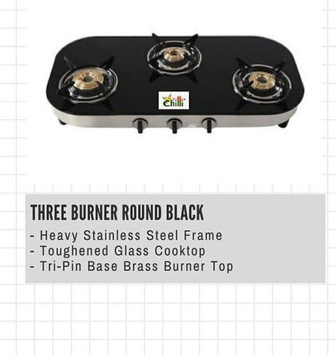 Lpg 3 Burner Gas Stove With Tri Pin Base Brass Burner Top And Toughened Glass Cooktop