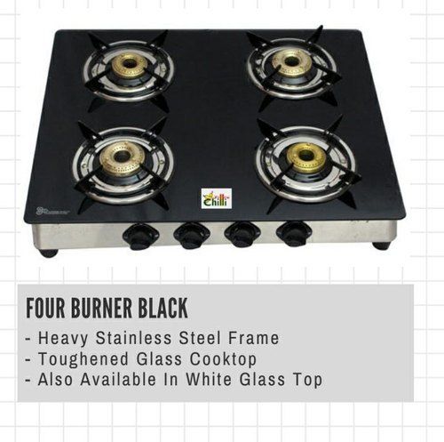 Four Burner Gas Stove For Kitchen With Toughened Black Glass Cooktop And Square Shape