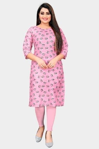 Breathable Pink Regular Fit Ladies 3/4Th Sleeves Round-Neck Printed Cotton Casual Kurti