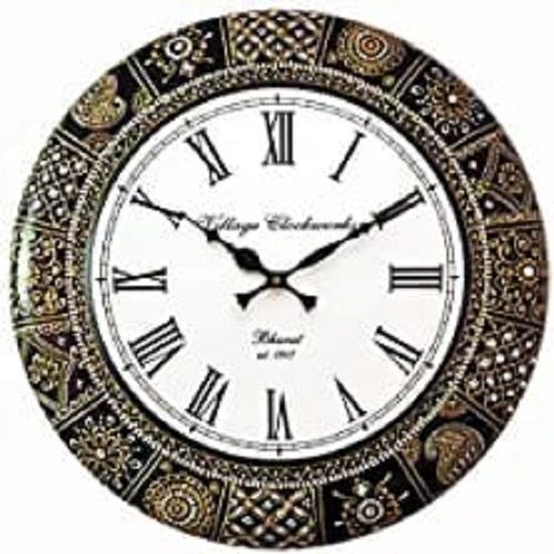 Brown And White Plastic Printed Round Shaped Silent Movement Designer Wall Clocks