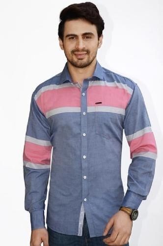 Blue And Pink Regular Fit Skin Friendly Mens Full Sleeves Fancy Casual Striped Shirts