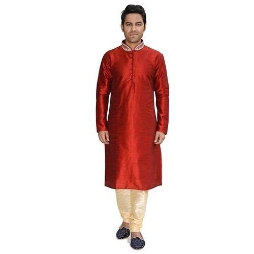 Cherry Red Regular Fit Mens Long Sleeves Stand-Neck Plain Cotton Silk Kurta Pajama