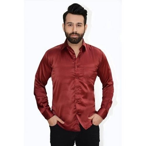 Red Regular Fit Skin Friendly Mens Full Sleeves Satin Casual Plain Shirts